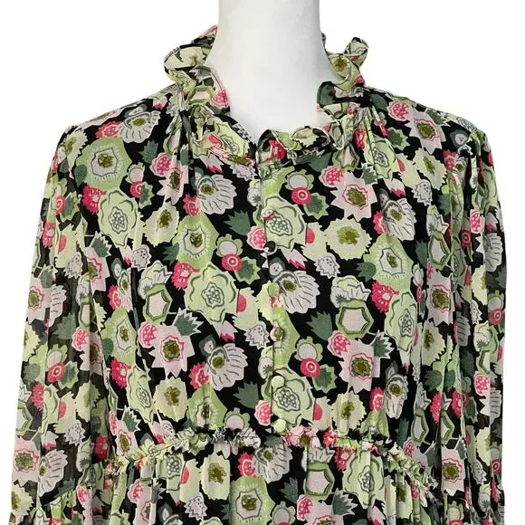 Cinq A Sept Lucille Tiered Ruffle Floral Midi Dress Abstract Green Prairie 0 NWT - Picture 3 of 15